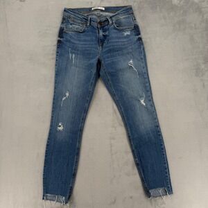 ZARA BASIC Distressed Blue Denim Jeans Women's‎ Size 28 Cropped Raw Hem